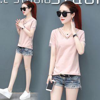 Short-sleeve Sequined V-neck T-shirt
