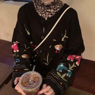 Embroidered Cardigan / Floral Long-sleeve Top / Midi Pleated Skirt