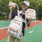 Set Of 3: Plaid Panel Canvas Backpack + Crossbody Bag + Pouch