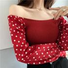 Dotted Panel Off-shoulder Long-sleeve Top