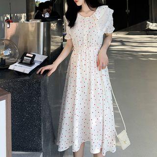Short-sleeve Frill Trim Patterned A-line Midi Dress