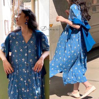 Short-sleeve Floral Midi Dress Blue - One Size