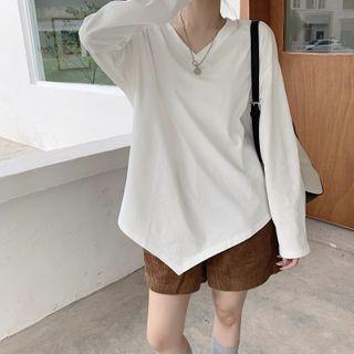 Long-sleeve Asymmetrical V-neck T-shirt