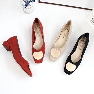 Metal Disc Low Heel Faux Suede Pumps