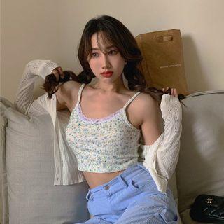 Spaghetti Strap Floral Print Lace Trim Crop Top / Cardigan