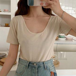 U-neck Plain Short-sleeve Top