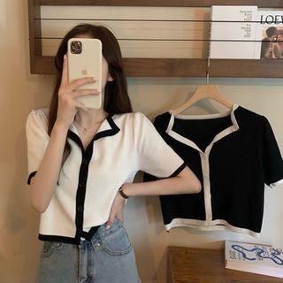 Lapel Color Block Knit Short-sleeve Top