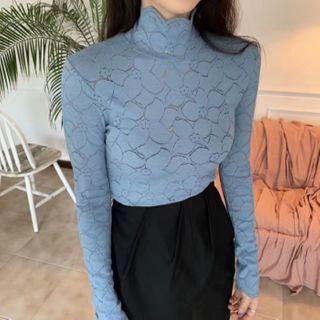 Mock-turtleneck Long-sleeve Lace T-shirt