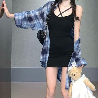 Spaghetti Strap Cross Strap Mini Sheath Dress / Plaid Shirt