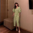V-neck Lantern Sleeve Side-slit Shift Midi Dress Avocado - One Size