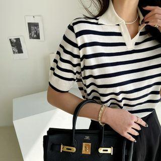 Collared Short-sleeve Striped Knit Top Ivory - One Size