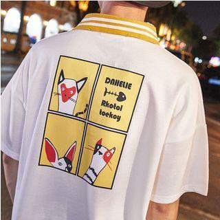 Cat Printed Short-sleeve Polo Shirt