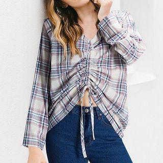 Long-sleeve Drawstring Plaid Blouse