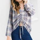 Long-sleeve Drawstring Plaid Blouse
