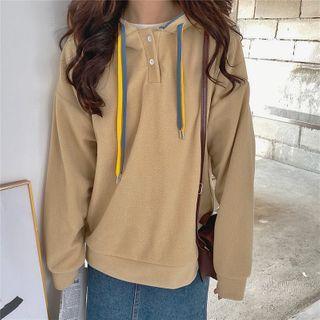 Fleece-lined Half-button Drawstring Hoodie