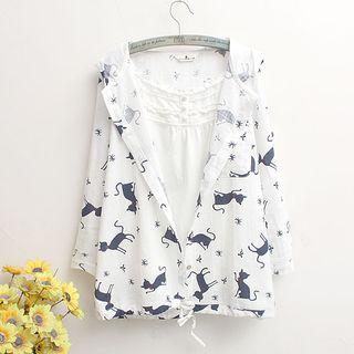 3/4-sleeve Cat Print Hooded Buttoned Thin Jacket