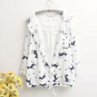 3/4-sleeve Cat Print Hooded Buttoned Thin Jacket