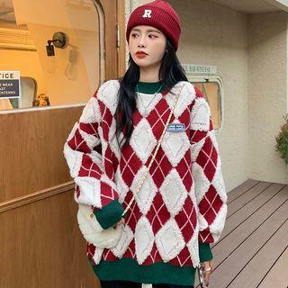 Round Neck Argyle Color Block Sweater