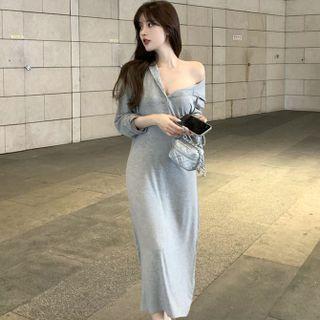 Long-sleeve Hooded Henley Midi T-shirt Dress