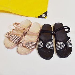 Plaid Bow Faux Leather Slide Sandals