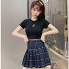 Embroidered Moon Short-sleeve Cropped T-shirt / Plaid Pleated Skirt