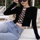 Long-sleeve Strappy Cropped T-shirt Black - One Size