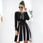 Contrast-trim Bow Accent Sweater Dress Black - One Size