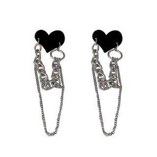 Heart Chained Alloy Dangle Earring 01 - 1 Pair - Silver & Black - One Size