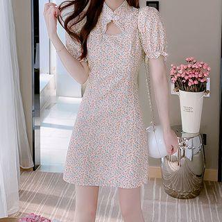 Short-sleeve Cutout Floral Print Mini Qipao Dress