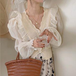 Puff-sleeve Ruffled Knit Panel Blouse / Midi A-line Skirt