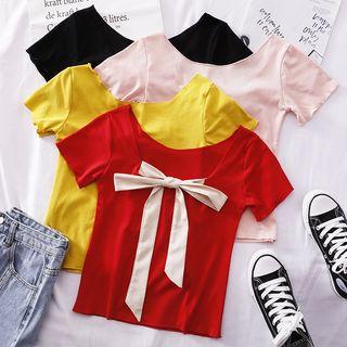 Bow-accent V-neck Short-sleeve Top