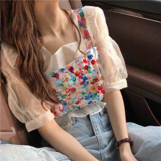 Sequined Tank Top/ Puff Short Sleeve Square Neck Shirt