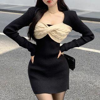 Long-sleeve Two-tone Knit Mini Sheath Dress Almond & Black - One Size