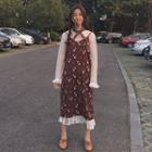 Set: Long-sleeve Sheer A-line Midi Dress + Floral Strappy Midi Dress