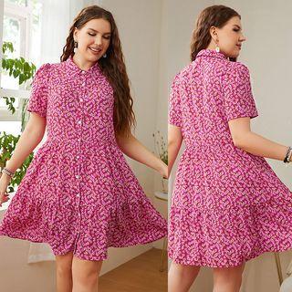 Plus Size Short-sleeve Collar Floral A-line Dress