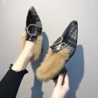 Faux Fur Buckled Plaid Pointed Loafers