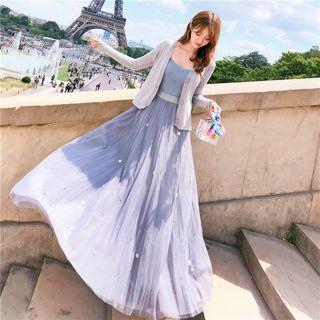 Set: Knit Camisole + Cardigan + Faux Pearl Maxi Mesh Skirt