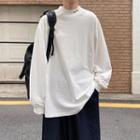 Long-sleeve Mock-neck Lettering Embroidered T-shirt