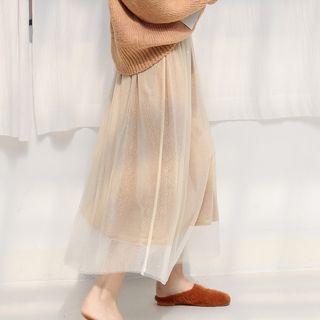 Sheer Overlay Velvet A-line Midi Skirt
