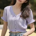 Frilled Trim Short-sleeve Cropped Knit Top