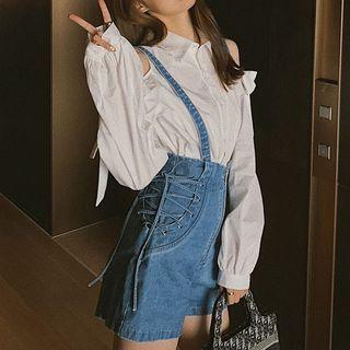 Set: Long-sleeve Midi A-line Shirt Dress + Denim Vest