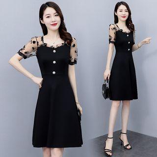 Short-sleeve Floral Mesh Panel A-line Dress