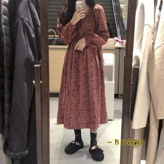 Long-sleeve Floral Print Midi A-line Dress Rose Pink - One Size