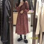 Long-sleeve Floral Print Midi A-line Dress Rose Pink - One Size
