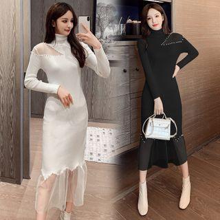 Long-sleeve Mesh Panel Midi Mermaid Knit Dress
