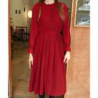 Frill-trim Pleated Dress With Sash Red - One Size