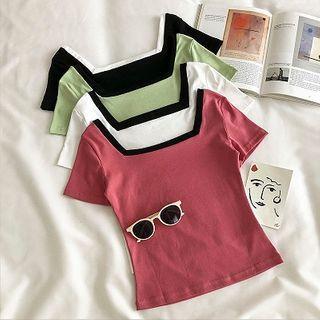 Color-block Trim Square-neck Short-sleeve Knit Top