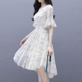 Flared-cuff Printed A-line Dress