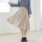 Mesh Hem Pleated Midi Velvet Skirt