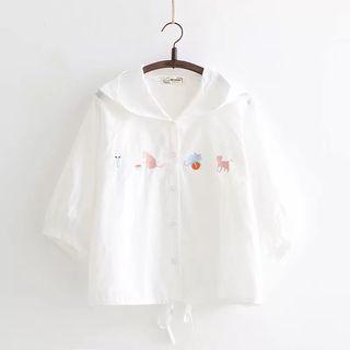 3/4-sleeve Cat Embroidery Hooded Jacket